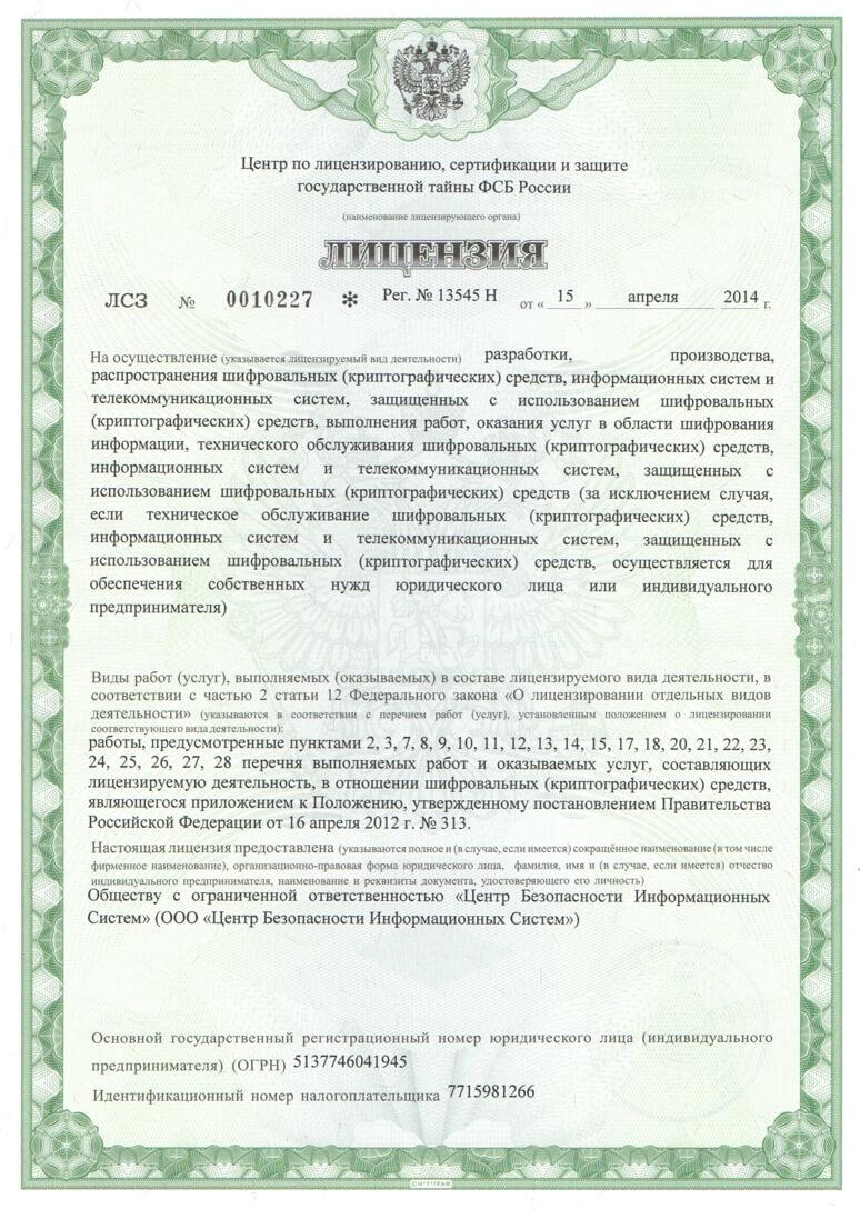 FSB license for cryptographic tools development and production, official Russian government certificate, encryption license, cyrillic document