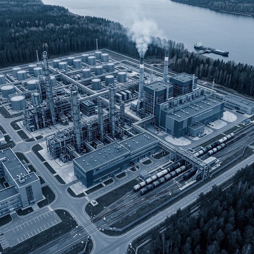 industrial control system security, oil refinery with digital protection overlay, SCADA monitoring screens, industrial cybersecurity